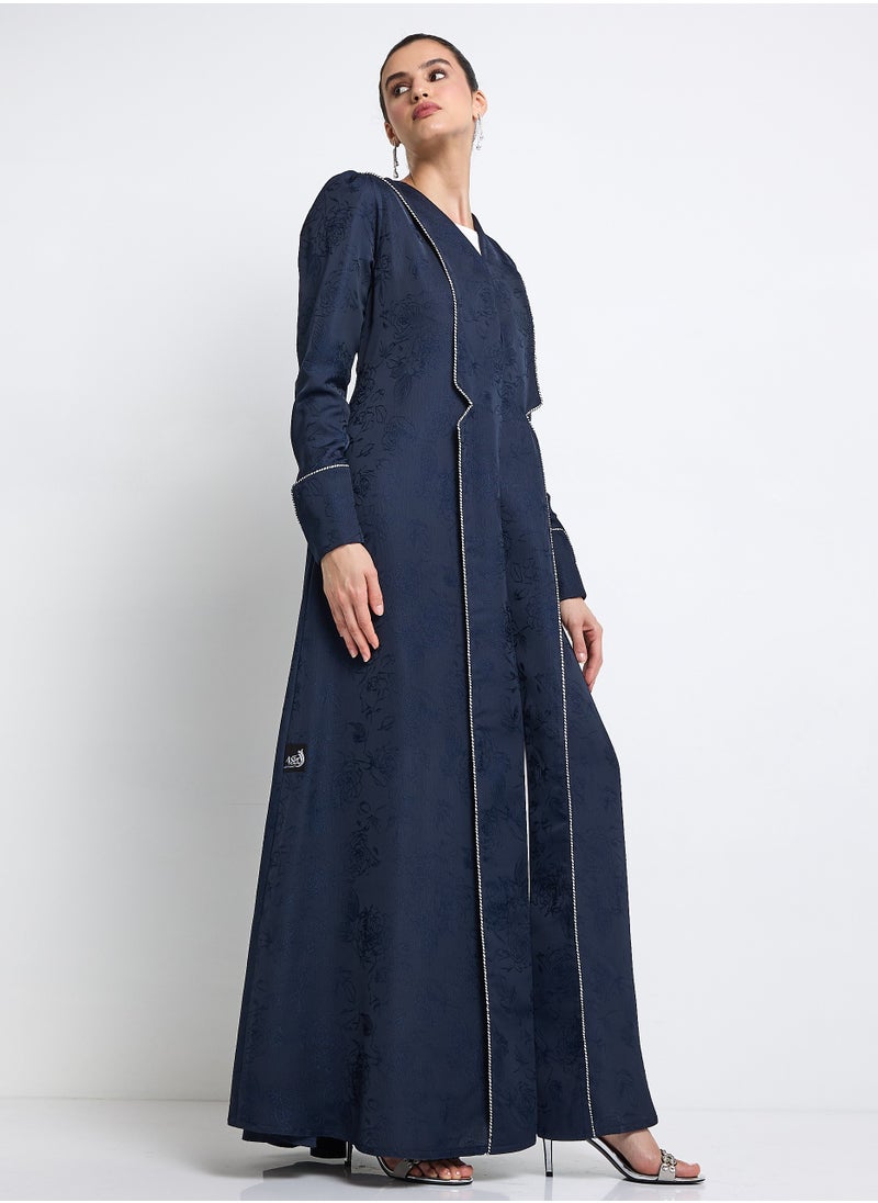 Elegant Blue Abaya with Printed Fabric Buff and Pleated Sleeve Design