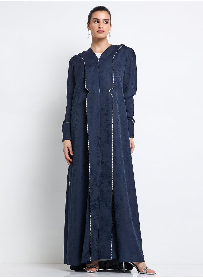 Elegant Blue Abaya with Printed Fabric Buff and Pleated Sleeve Design