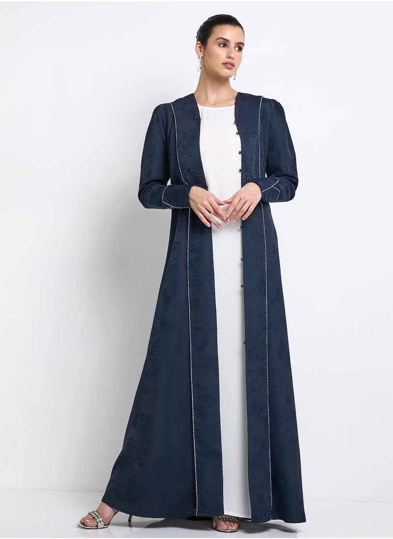 Elegant Blue Abaya with Printed Fabric Buff and Pleated Sleeve Design