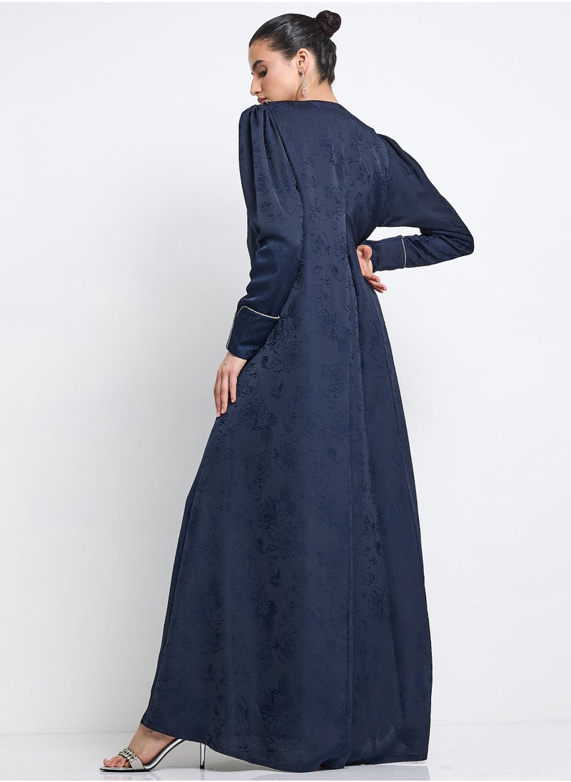 Elegant Blue Abaya with Printed Fabric Buff and Pleated Sleeve Design