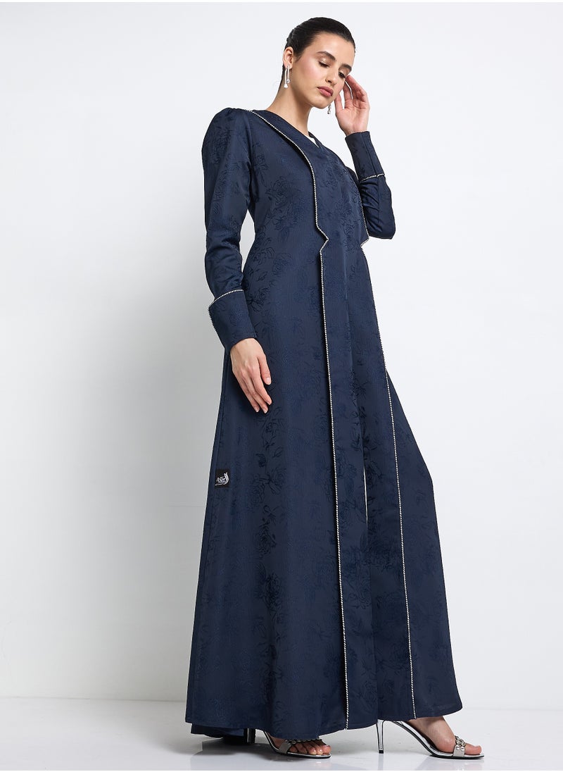 Elegant Blue Abaya with Printed Fabric Buff and Pleated Sleeve Design