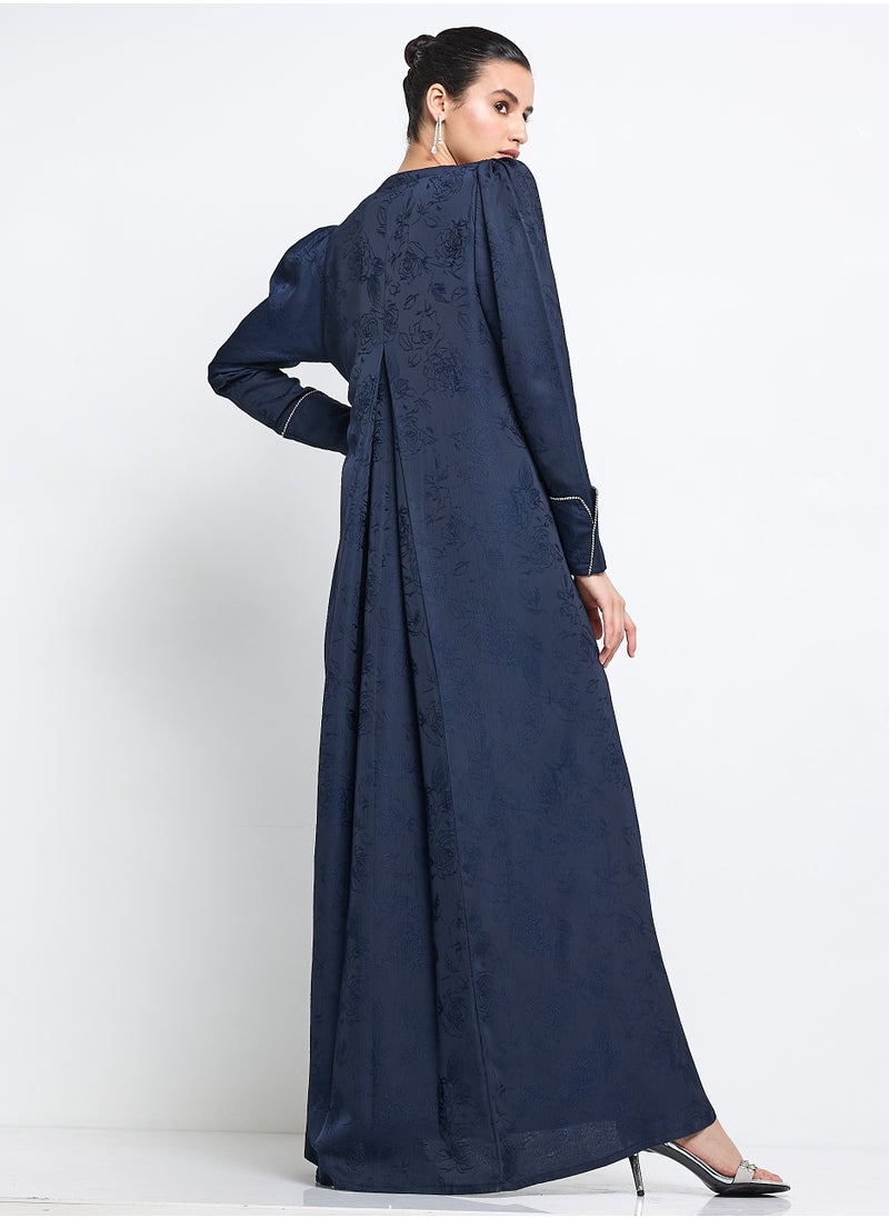 Elegant Blue Abaya with Printed Fabric Buff and Pleated Sleeve Design