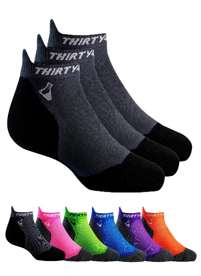 Thirty48 Ultralight Athletic Running Socks for Men and Women with Seamless Toe, Moisture Wicking, Cushion Padding (Large - Women 9-10.5 // Men 10-11.5, [3 Pairs] Black/Gray)