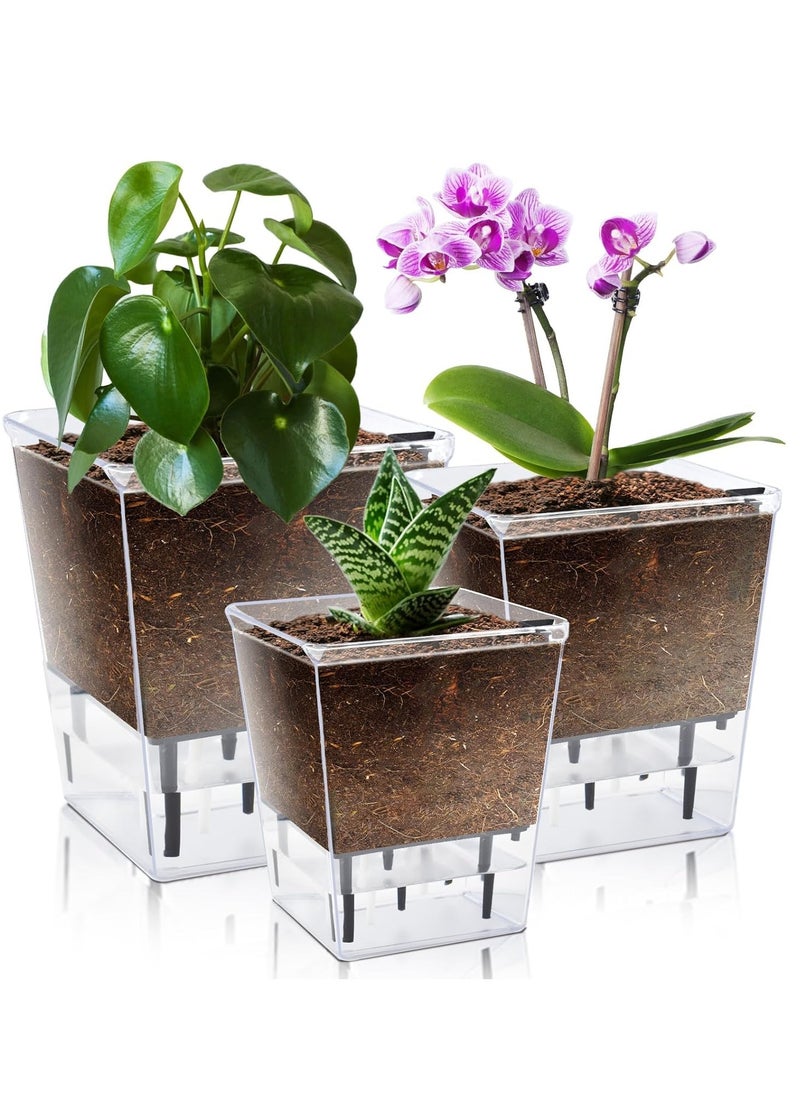 Self Watering Pots Set 3 Packs 5/4.1/2.7 Inch Self Watering Pots for Indoor Plants Clear Planter Pot with Deep Reservoir for Plant