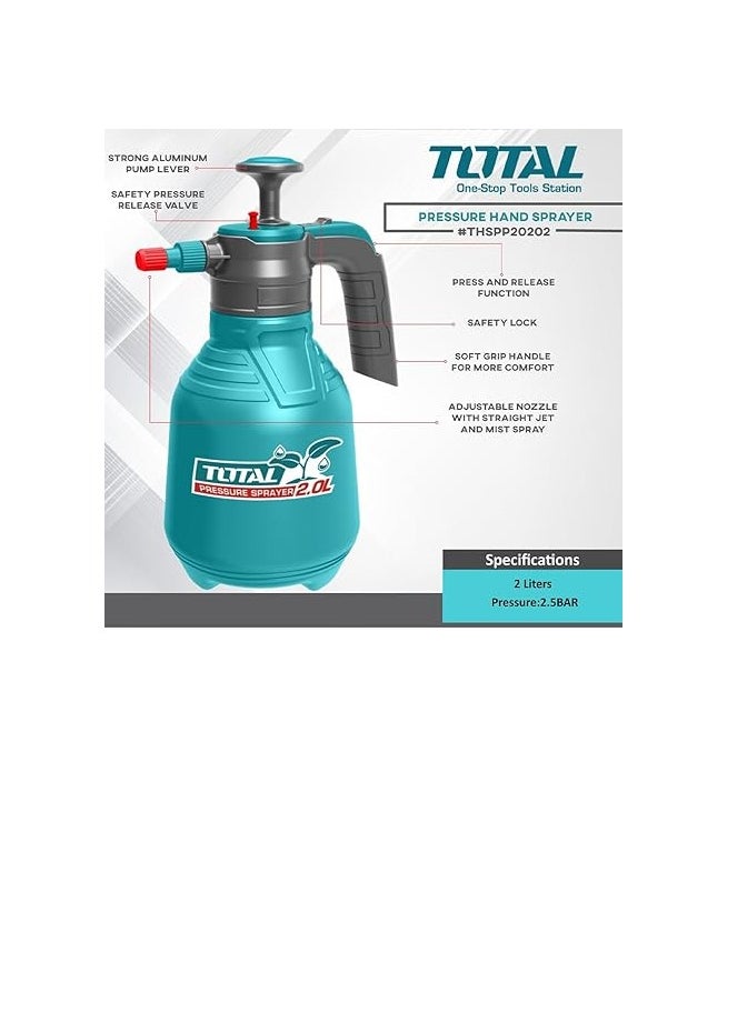 TOTAL 2L Pressure Sprayer - 2.5BAR, Adjustable Nozzle with Straight Jet & Mist Spray, Strong Aluminum Pump Lever, Safety Pressure Release Valve - Ideal for Gardening, Pest Control, and Cleaning