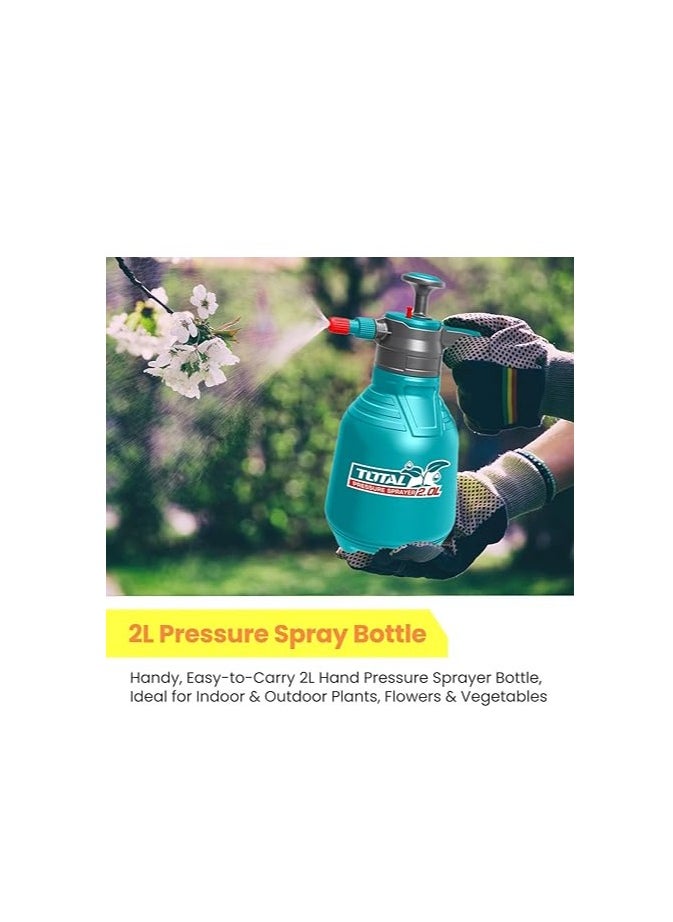 TOTAL 2L Pressure Sprayer - 2.5BAR, Adjustable Nozzle with Straight Jet & Mist Spray, Strong Aluminum Pump Lever, Safety Pressure Release Valve - Ideal for Gardening, Pest Control, and Cleaning