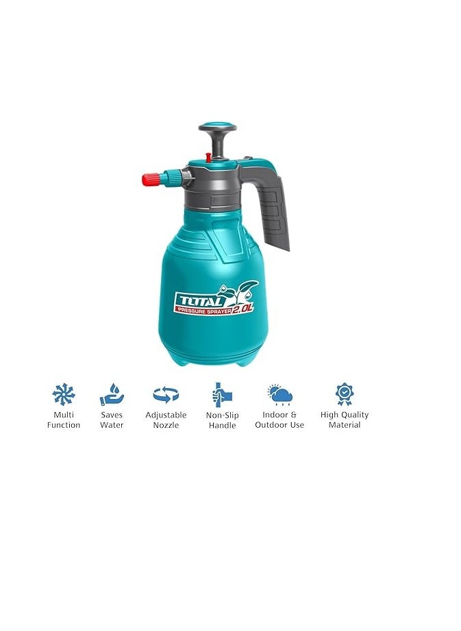 TOTAL 2L Pressure Sprayer - 2.5BAR, Adjustable Nozzle with Straight Jet & Mist Spray, Strong Aluminum Pump Lever, Safety Pressure Release Valve - Ideal for Gardening, Pest Control, and Cleaning