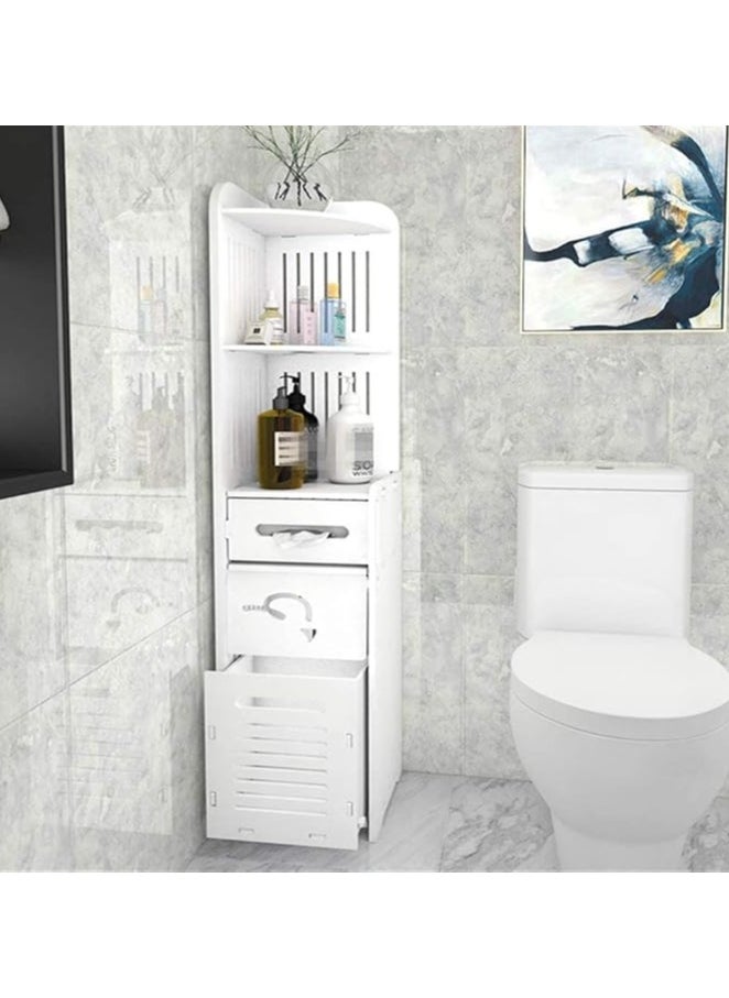 Small Bathroom Storage Corner Floor Cabinet with Doors and Shelves Thin Toilet Vanity Cabinet Narrow Bath Sink Organizer Towel Storage Shelf For Paper Holder White
