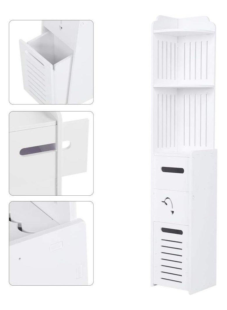 Small Bathroom Storage Corner Floor Cabinet with Doors and Shelves Thin Toilet Vanity Cabinet Narrow Bath Sink Organizer Towel Storage Shelf For Paper Holder White