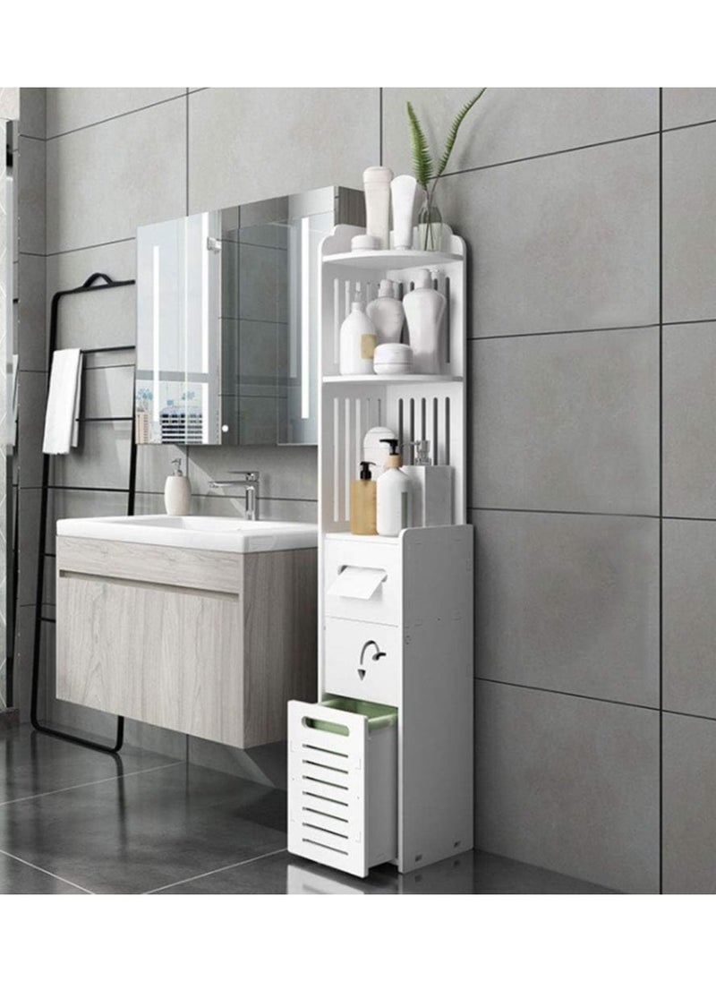 Small Bathroom Storage Corner Floor Cabinet with Doors and Shelves Thin Toilet Vanity Cabinet Narrow Bath Sink Organizer Towel Storage Shelf For Paper Holder White