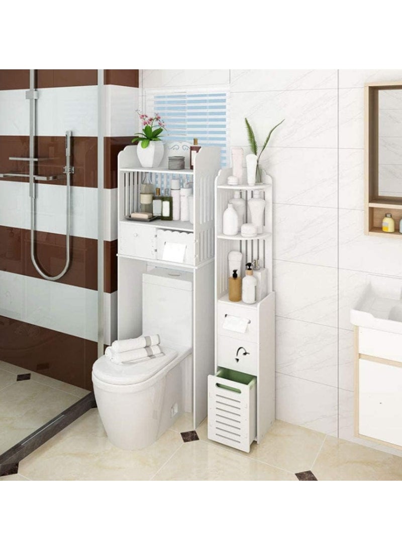 Small Bathroom Storage Corner Floor Cabinet with Doors and Shelves Thin Toilet Vanity Cabinet Narrow Bath Sink Organizer Towel Storage Shelf For Paper Holder White
