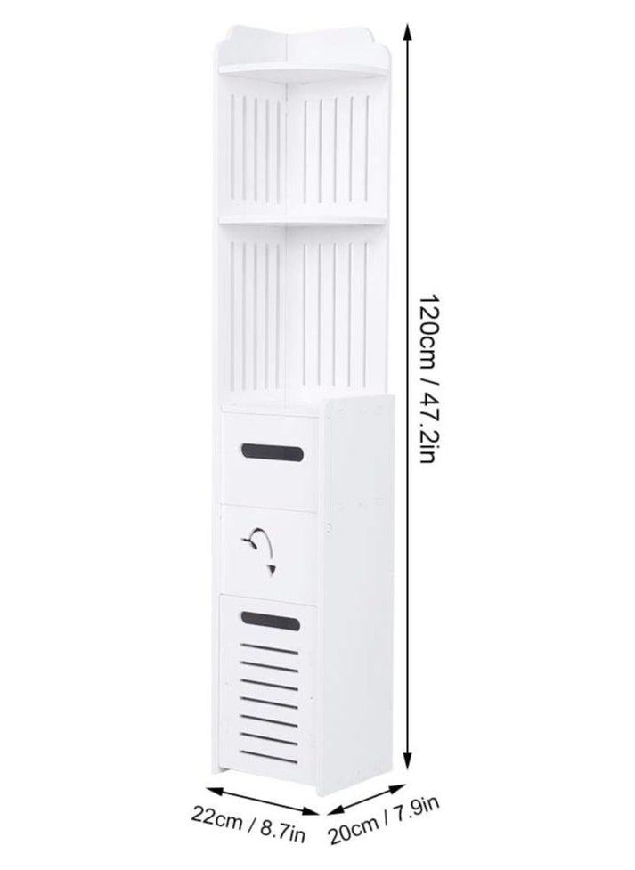 Small Bathroom Storage Corner Floor Cabinet with Doors and Shelves Thin Toilet Vanity Cabinet Narrow Bath Sink Organizer Towel Storage Shelf For Paper Holder White