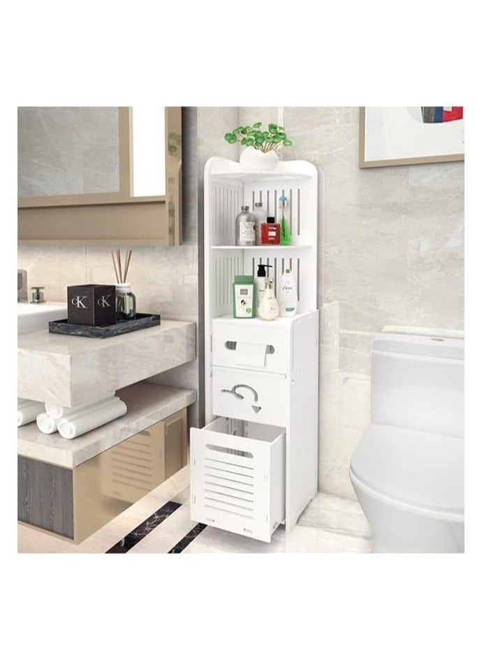 Small Bathroom Storage Corner Floor Cabinet with Doors and Shelves Thin Toilet Vanity Cabinet Narrow Bath Sink Organizer Towel Storage Shelf For Paper Holder White