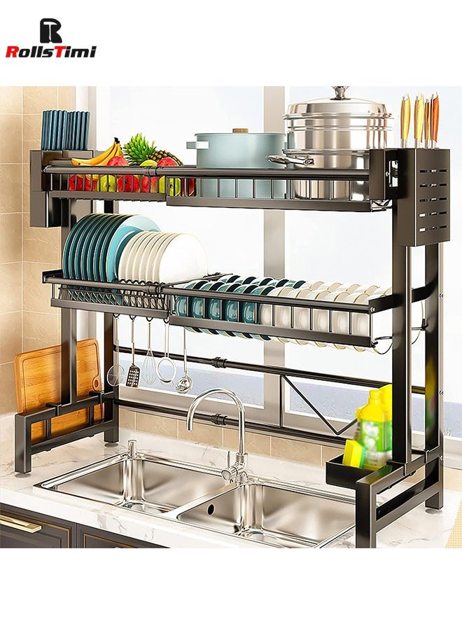 2-Tier Dish Drying Racks, Dish Drainer Carbon Steel Dish Rack Sink Organizer Stand Shelf For Kitchen Counter Organizer Storage,With Cutlery Rack, Hook, Drain Rack Large Kitchen,Black