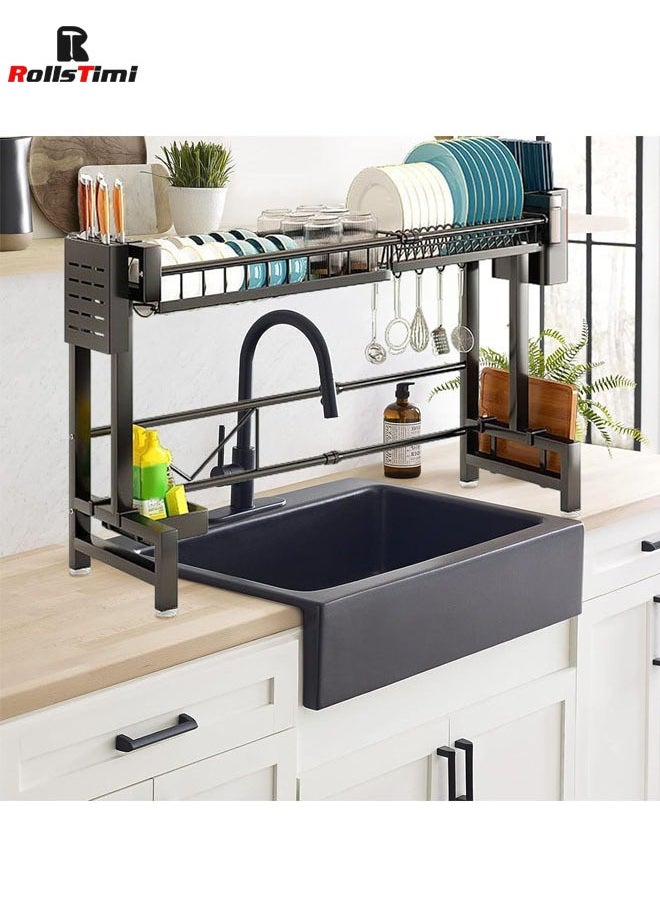 Single Layer Dish Drying Racks, Dish Drainer Carbon Steel Dish Rack Sink Organizer Stand Shelf For Kitchen Counter Organizer Storage,With Cutlery Rack, Hook, Drain Rack Large Kitchen,Black