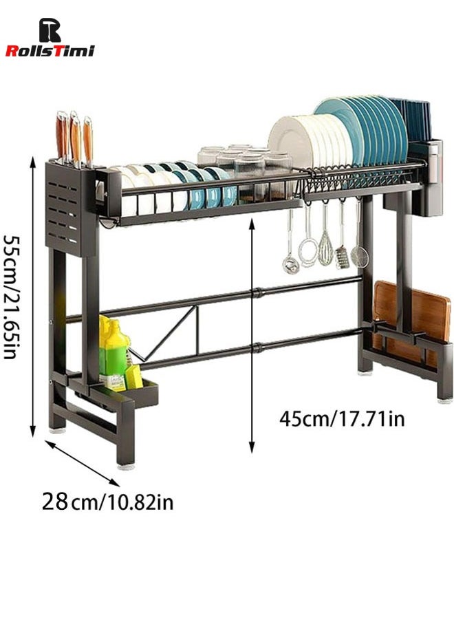 Single Layer Dish Drying Racks, Dish Drainer Carbon Steel Dish Rack Sink Organizer Stand Shelf For Kitchen Counter Organizer Storage,With Cutlery Rack, Hook, Drain Rack Large Kitchen,Black