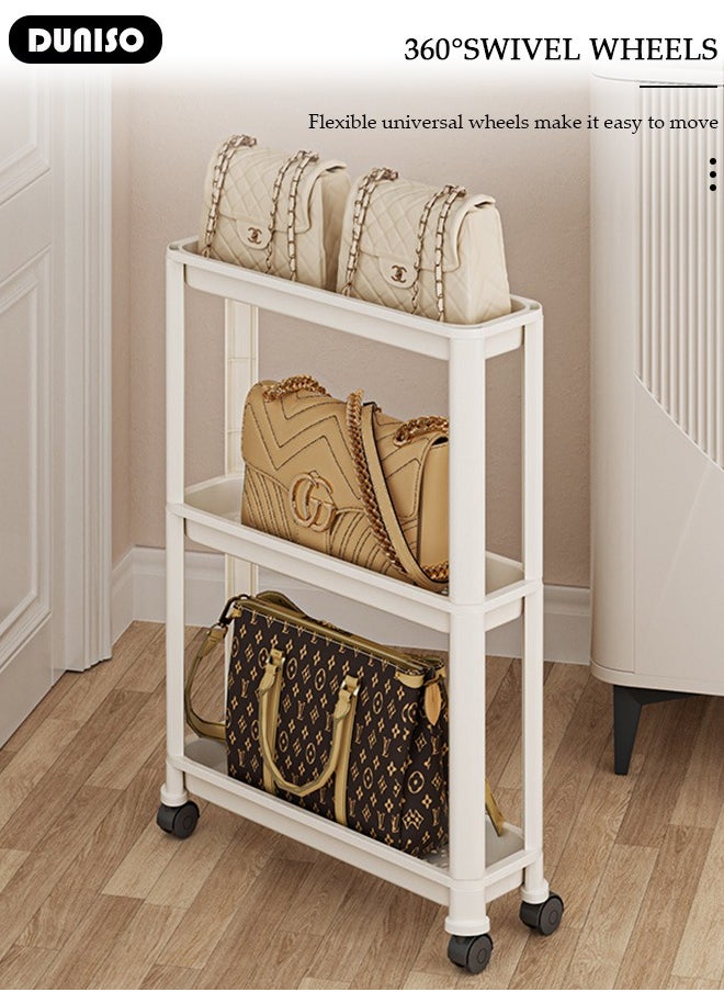 3 Tier Rolling Utility Cart with Wheels,Multi-Functional Storage Trolley Cart with Trays, Easy Assembly Storage Trolley Organizer with Side Basket,Rolling Storage Shelves for Kitchen, Bedroom, Bathroom, Office, Laundry Room