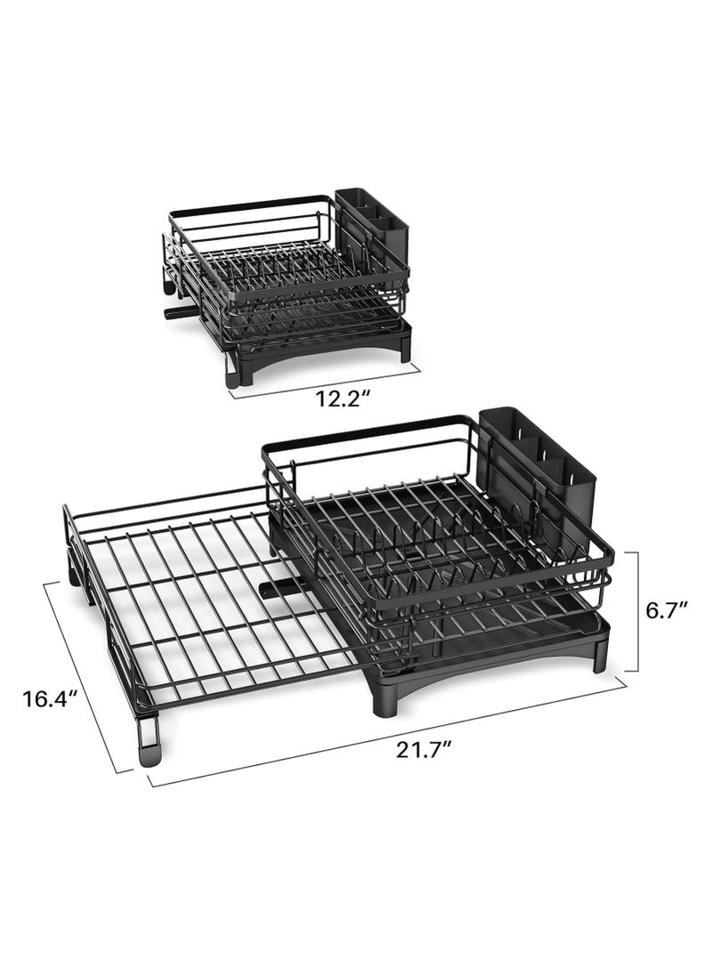 Dish Drying Rack - Extendable Dish Rack, Large Sink Drying Dish Drainer for Kitchen Counter, Stainless Steel Dish Strainer with Utensil Holder, Black (Upgraded version)