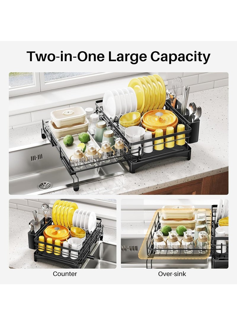Dish Drying Rack - Extendable Dish Rack, Large Sink Drying Dish Drainer for Kitchen Counter, Stainless Steel Dish Strainer with Utensil Holder, Black (Upgraded version)