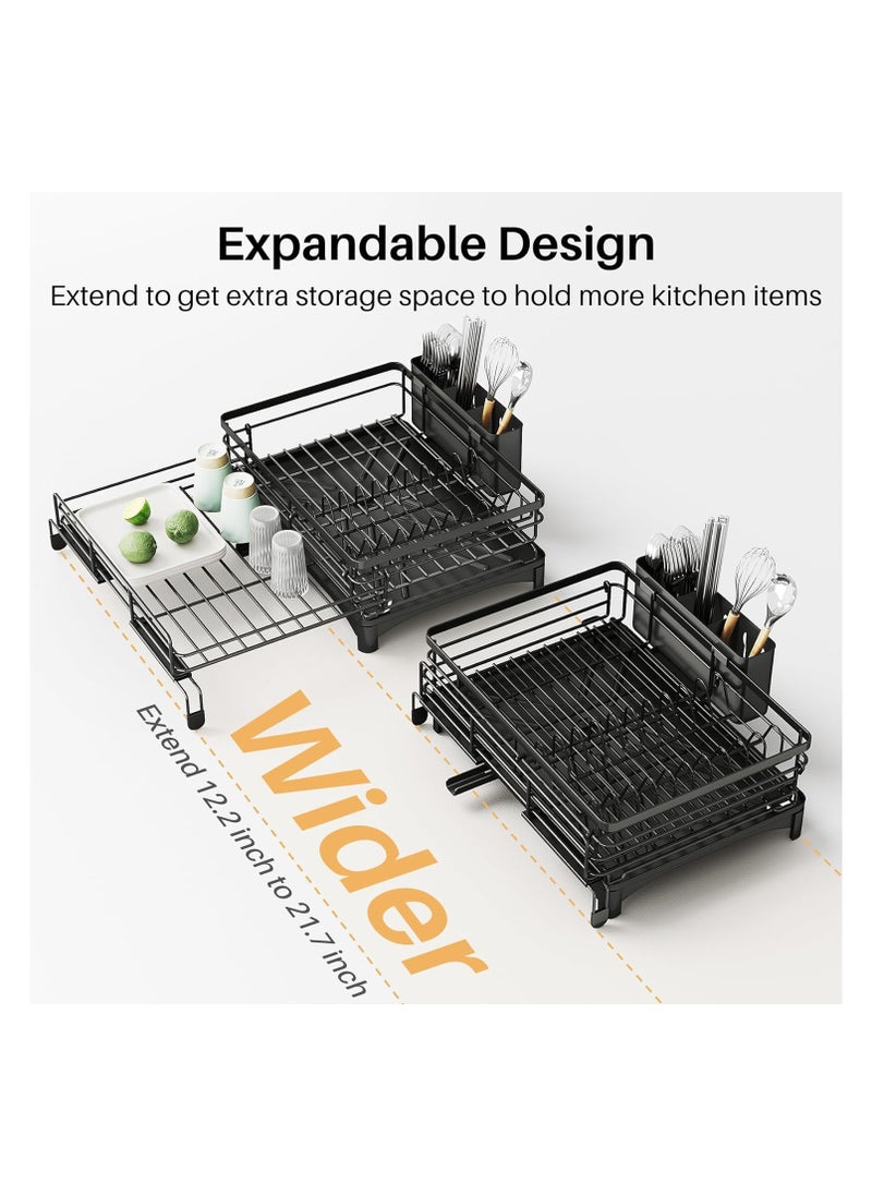 Dish Drying Rack - Extendable Dish Rack, Large Sink Drying Dish Drainer for Kitchen Counter, Stainless Steel Dish Strainer with Utensil Holder, Black (Upgraded version)