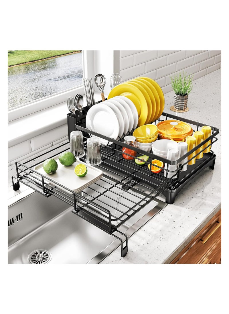 Dish Drying Rack - Extendable Dish Rack, Large Sink Drying Dish Drainer for Kitchen Counter, Stainless Steel Dish Strainer with Utensil Holder, Black (Upgraded version)
