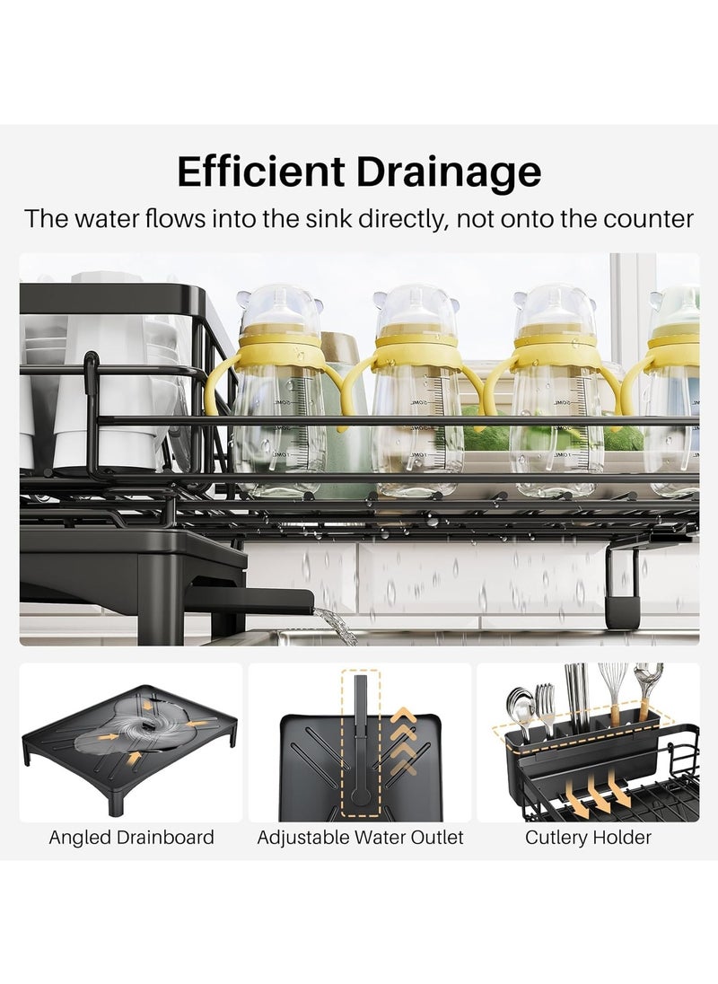 Dish Drying Rack - Extendable Dish Rack, Large Sink Drying Dish Drainer for Kitchen Counter, Stainless Steel Dish Strainer with Utensil Holder, Black (Upgraded version)