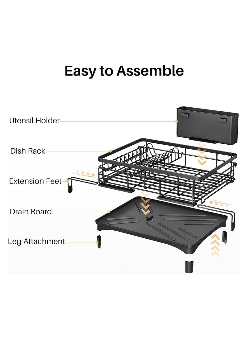 Dish Drying Rack - Extendable Dish Rack, Large Sink Drying Dish Drainer for Kitchen Counter, Stainless Steel Dish Strainer with Utensil Holder, Black (Upgraded version)