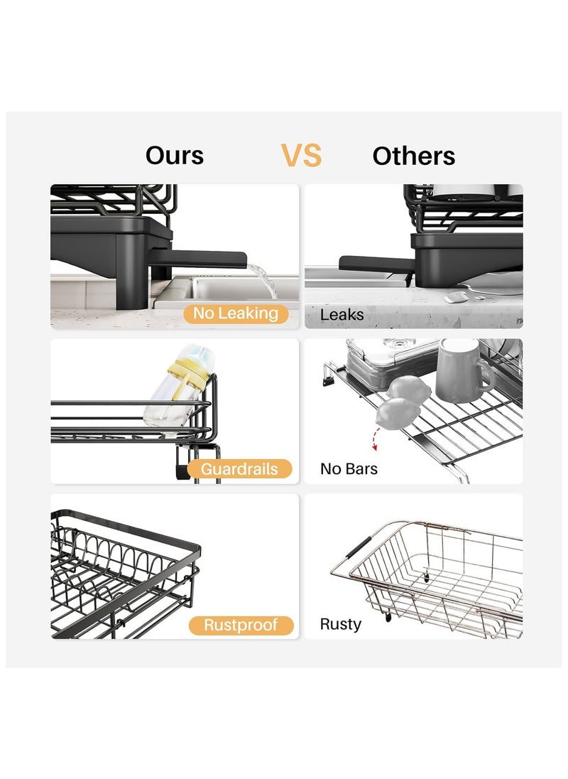 Dish Drying Rack - Extendable Dish Rack, Large Sink Drying Dish Drainer for Kitchen Counter, Stainless Steel Dish Strainer with Utensil Holder, Black (Upgraded version)