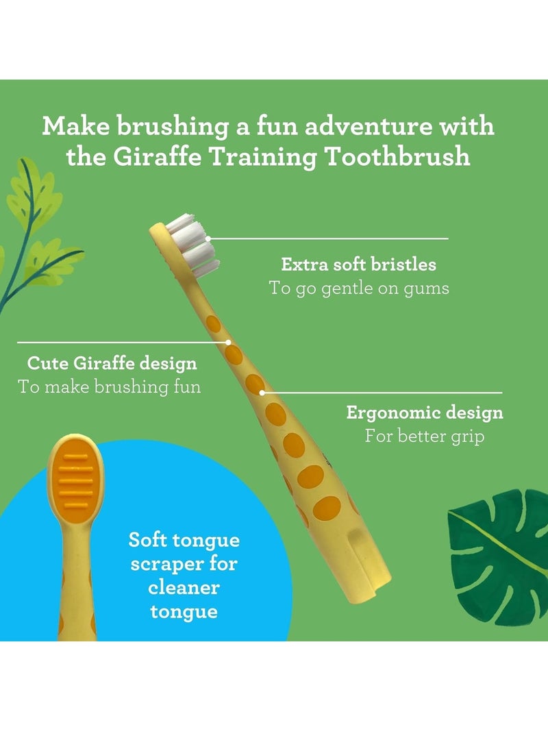 GuruNanda Kids Butter On Gums Cute Giraffe Toothbrush with Tongue Scraper & Cover - Super Soft Bristles for Gentle Cleaning -Ergonomic Handle (Age 1+)