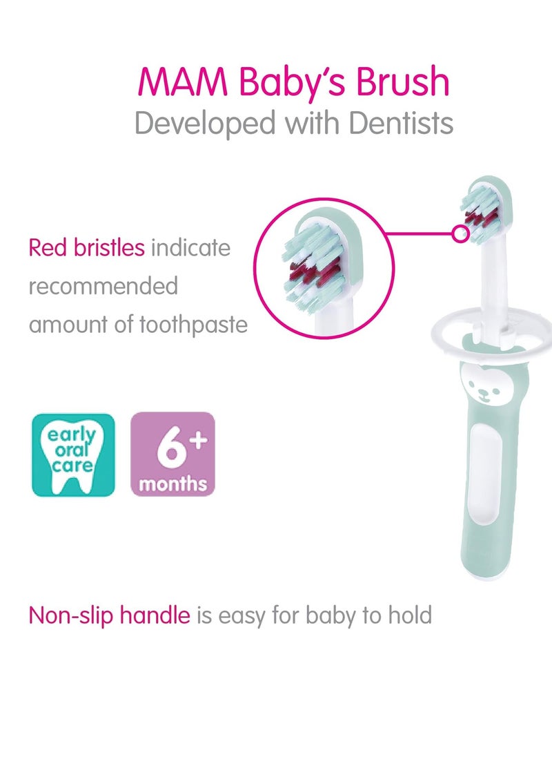 MAM Baby Toothbrushes (2 Baby's Brushes and 1 Safety Shield), Toothbrushes with Brushy The Bear Character, Interactive App, for Girls 6+ Months, Pink