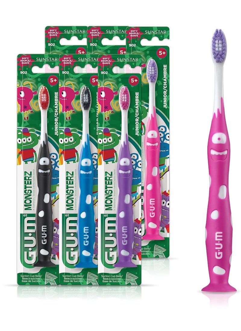 GUM Monsterz Jr Kids’ Toothbrush, Soft Bristled Children’s Toothbrush with Suction Cup, for Ages 5+, 1ct (6pk)