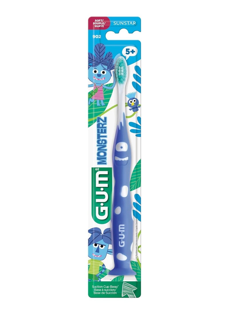 GUM Monsterz Jr Kids’ Toothbrush, Soft Bristled Children’s Toothbrush with Suction Cup, for Ages 5+, 1ct (6pk)