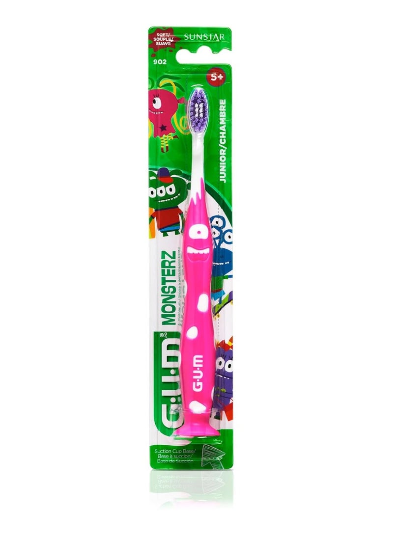 GUM Monsterz Jr Kids’ Toothbrush, Soft Bristled Children’s Toothbrush with Suction Cup, for Ages 5+, 1ct (6pk)