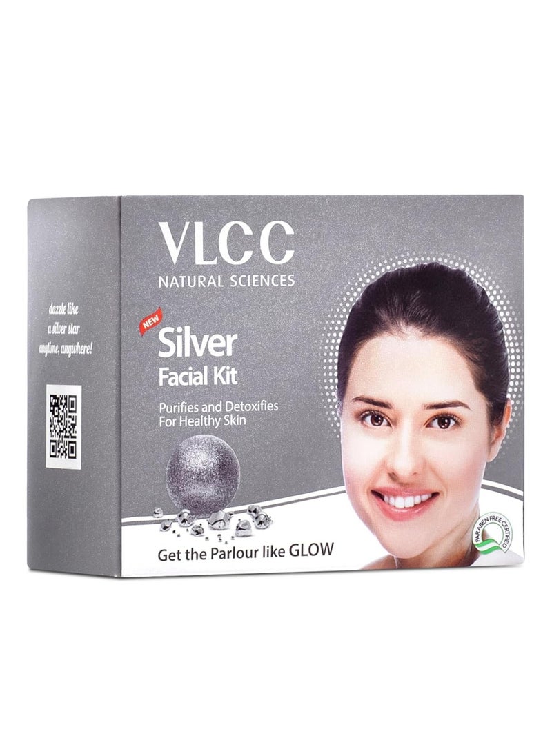 VLCC Silver Facial Kit - 60 g | Skin Purifying and Detoxing Facial. Excess Oil control. Helps balance pH & bright complexion. Silver Powder, Winter Cherry, Licorice Extract, Orange & Lemon Extract.