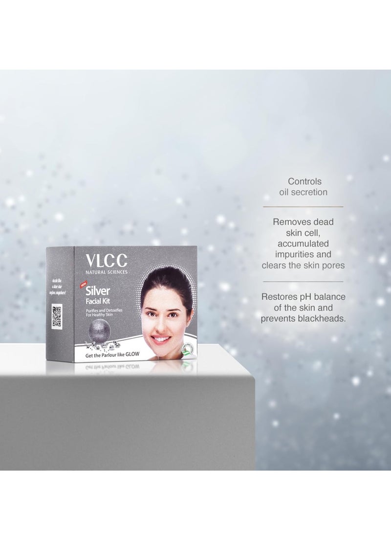 VLCC Silver Facial Kit - 60 g | Skin Purifying and Detoxing Facial. Excess Oil control. Helps balance pH & bright complexion. Silver Powder, Winter Cherry, Licorice Extract, Orange & Lemon Extract.