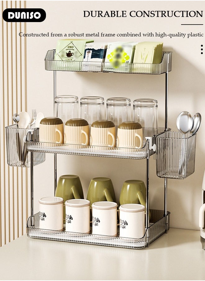 3 Tier Cup Drying Rack with Drain Tray, Countertop Mug Holder with Hooks, Bathroom Cup Storage Shelf with Basket, Multi-Functional Kitchen Storage Organizer Shelf for Glasses, Tumbler, Teacups