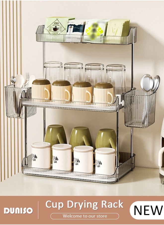 3 Tier Cup Drying Rack with Drain Tray, Countertop Mug Holder with Hooks, Bathroom Cup Storage Shelf with Basket, Multi-Functional Kitchen Storage Organizer Shelf for Glasses, Tumbler, Teacups