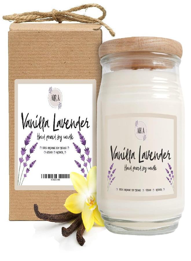 Aira Soy Candles - Organic, Kosher, Vegan, in Farmhouse Jar w/Essential Oil Blends - Hand-Poured 100% Soy Candle Wax - Paraffin Free, Burns 150+ Hours -Vanilla Lavender Scent - 20 Ounces