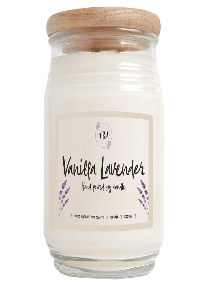 Aira Soy Candles - Organic, Kosher, Vegan, in Farmhouse Jar w/Essential Oil Blends - Hand-Poured 100% Soy Candle Wax - Paraffin Free, Burns 150+ Hours -Vanilla Lavender Scent - 20 Ounces
