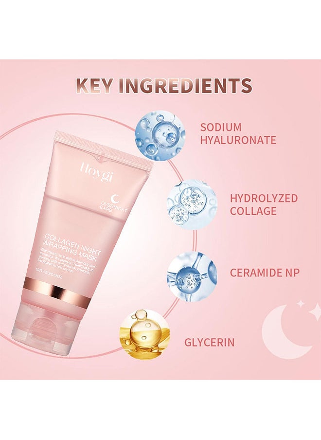 Collagen Night Wrapping Peel Off Facial Mask, Overnight Sleeping Mask For Elasticity And Hydration Care, Reduces Sagging And Dullness, Collagen Extract For Radiant Skin (Brush Included)