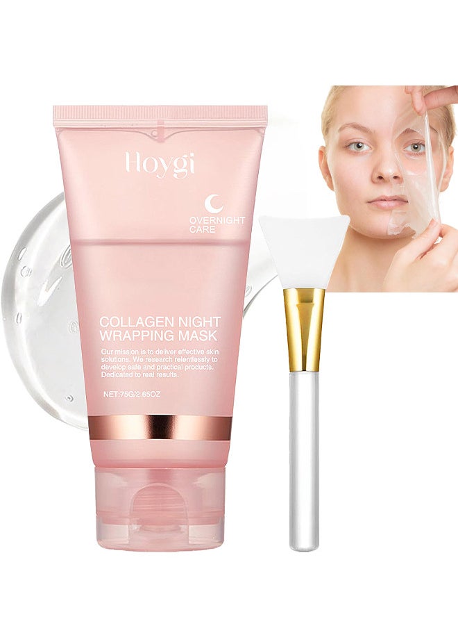 Collagen Night Wrapping Peel Off Facial Mask, Overnight Sleeping Mask For Elasticity And Hydration Care, Reduces Sagging And Dullness, Collagen Extract For Radiant Skin (Brush Included)