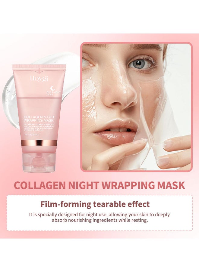 Collagen Night Wrapping Peel Off Facial Mask, Overnight Sleeping Mask For Elasticity And Hydration Care, Reduces Sagging And Dullness, Collagen Extract For Radiant Skin (Brush Included)