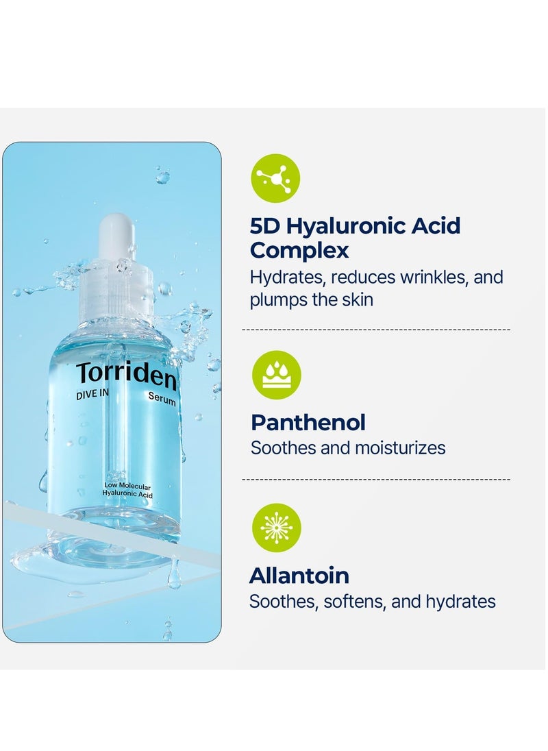 Torriden DIVE-IN Low-Molecular Hyaluronic Acid Serum, 1.69 fl oz | Fragrance-free Face Serum for Dry, Dehydrated, Oily Skin | Vegan, Clean, Cruelty-Free Korean Skin Care