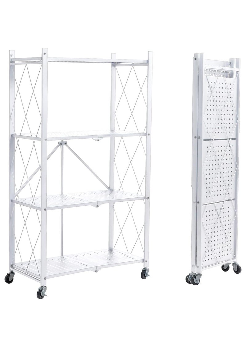 Iron Kitchen Storage Rack 4 Shelves， Foldable Storage Shelves With Wheels, Large Capacity Shelving Unit, Freestanding Metal Wire Shelf Rack, No Assembly Organizer Rack For Garage Kitchen, Basement, Pantry(White)