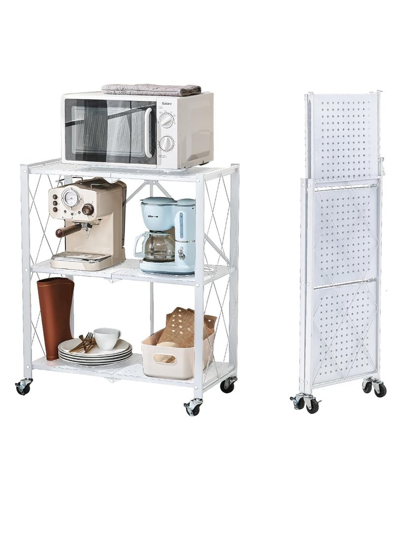 Iron Kitchen Storage Rack 3 Shelves， Foldable Storage Shelves With Wheels, Large Capacity Shelving Unit, Freestanding Metal Wire Shelf Rack, No Assembly Organizer Rack For Garage Kitchen, Basement, Pantry(White)