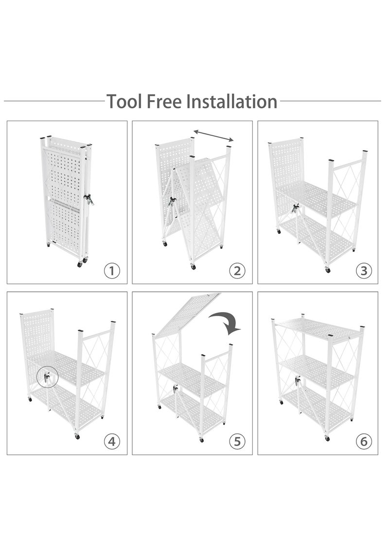 Iron Kitchen Storage Rack 3 Shelves， Foldable Storage Shelves With Wheels, Large Capacity Shelving Unit, Freestanding Metal Wire Shelf Rack, No Assembly Organizer Rack For Garage Kitchen, Basement, Pantry(White)