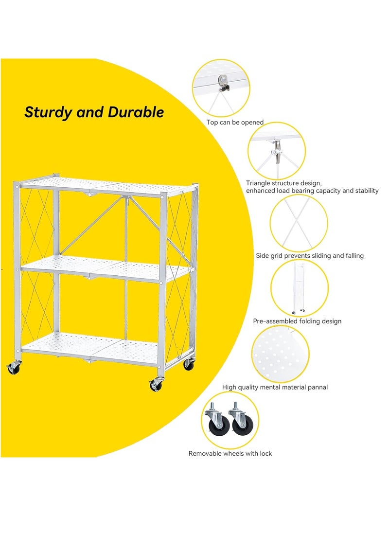 Iron Kitchen Storage Rack 3 Shelves， Foldable Storage Shelves With Wheels, Large Capacity Shelving Unit, Freestanding Metal Wire Shelf Rack, No Assembly Organizer Rack For Garage Kitchen, Basement, Pantry(White)