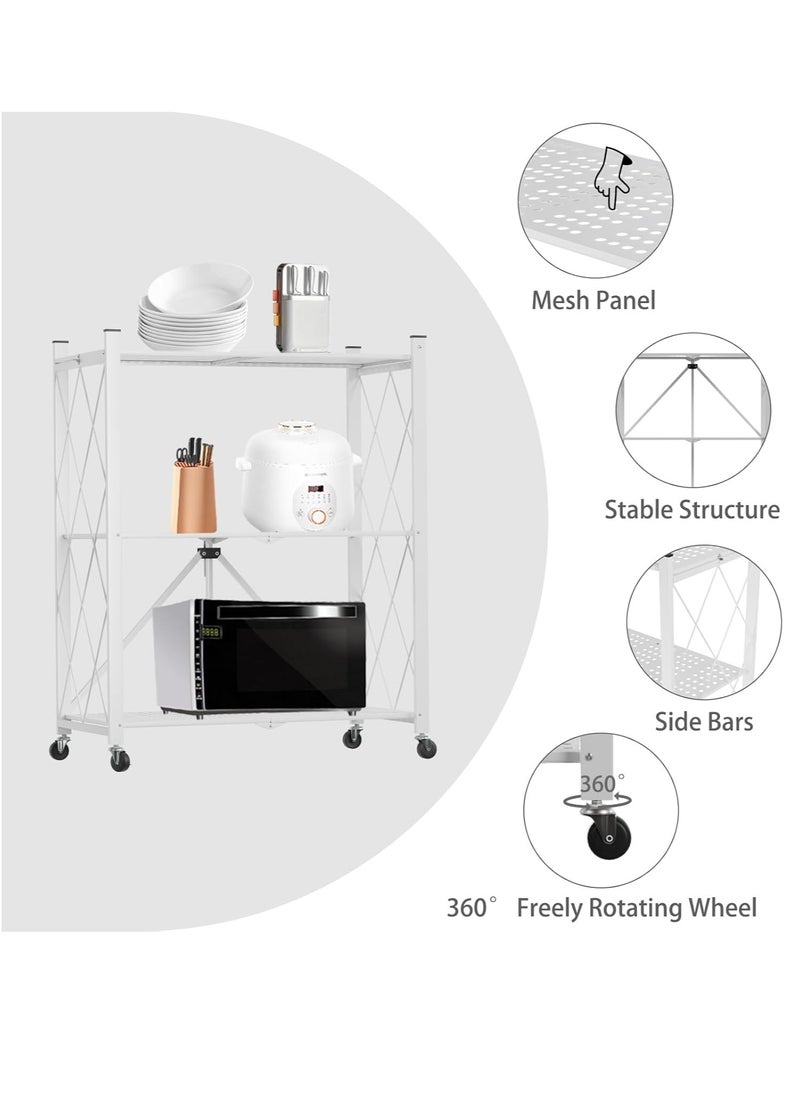 Iron Kitchen Storage Rack 3 Shelves， Foldable Storage Shelves With Wheels, Large Capacity Shelving Unit, Freestanding Metal Wire Shelf Rack, No Assembly Organizer Rack For Garage Kitchen, Basement, Pantry(White)