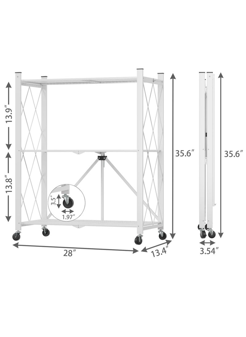 Iron Kitchen Storage Rack 3 Shelves， Foldable Storage Shelves With Wheels, Large Capacity Shelving Unit, Freestanding Metal Wire Shelf Rack, No Assembly Organizer Rack For Garage Kitchen, Basement, Pantry(White)