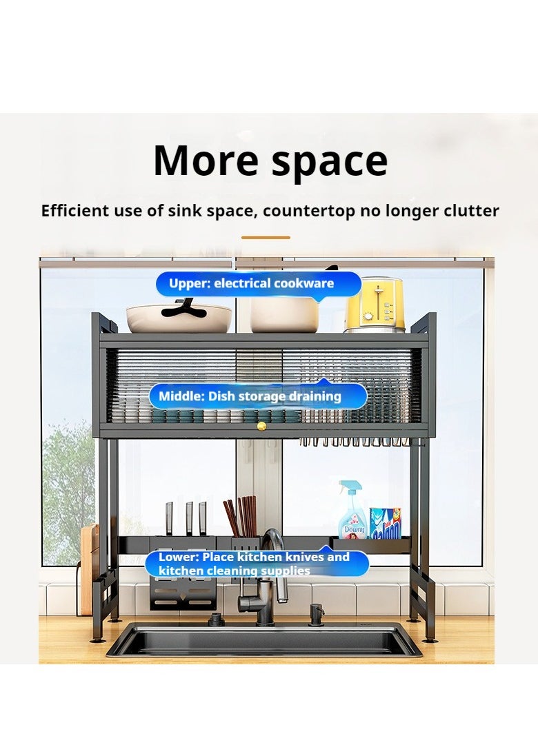 The Sink Dish Drainer Drying Rack,2 Tier Dish Drying Rack for Kitchen Counter, Large Dish Drying Rack with Flip Door, Over Sink Dish Drying Rack for Family Use,Dust-Proof,105cm